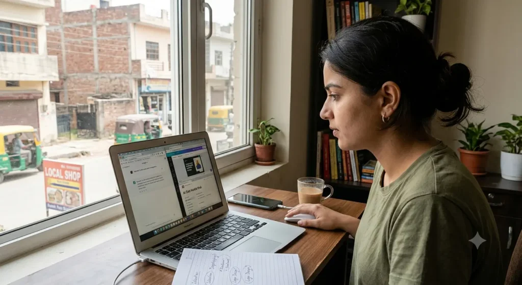 Beginner working on a laptop using ChatGPT, Canva, and AI productivity tools while building an online side hustle.
